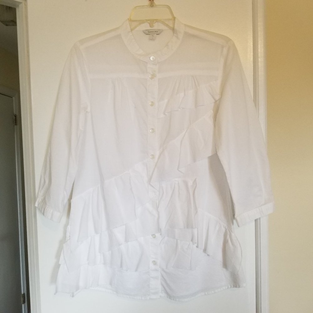 Garnet Hill White Tiered Ruffle 3/4 Sleeve Button Down Shirt, Tunic (size 4)